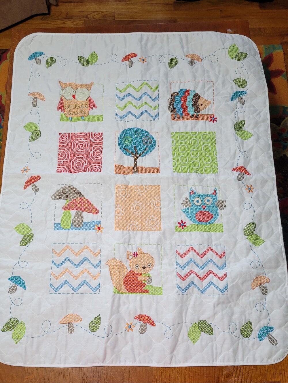 Children's Woodland Patchwork Coverlet Handsewn 42" X 32"  See Description(1700)